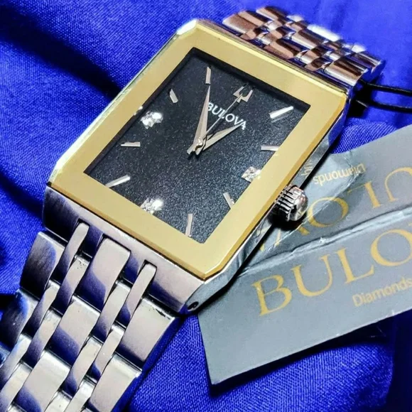 Bulova Quadra Black Gold Tone Luxury Tank Men's Watch